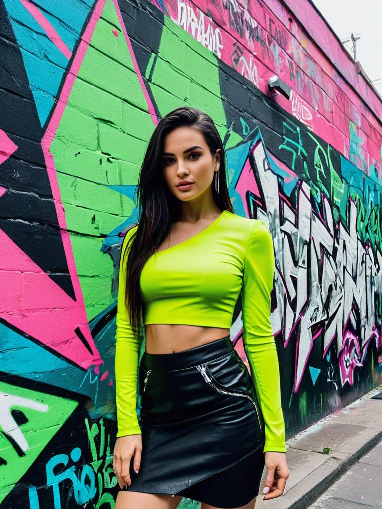 Stylish Woman in Neon Green Top and Black Leather Skirt in Urban Graffiti Street Style Stylish Woman in Neon Green Top and Black Leather Skirt in Urban Graffiti Street Style