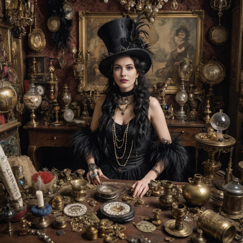 Elegant Woman in Vintage Costume in Steampunk Room