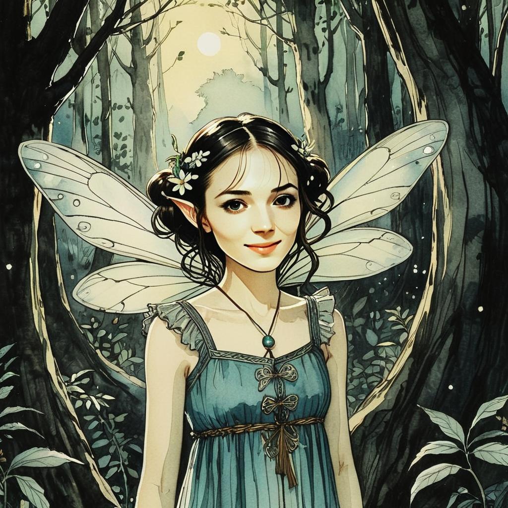 Fantasy Fairy Woman in Enchanted Forest Digital Illustration