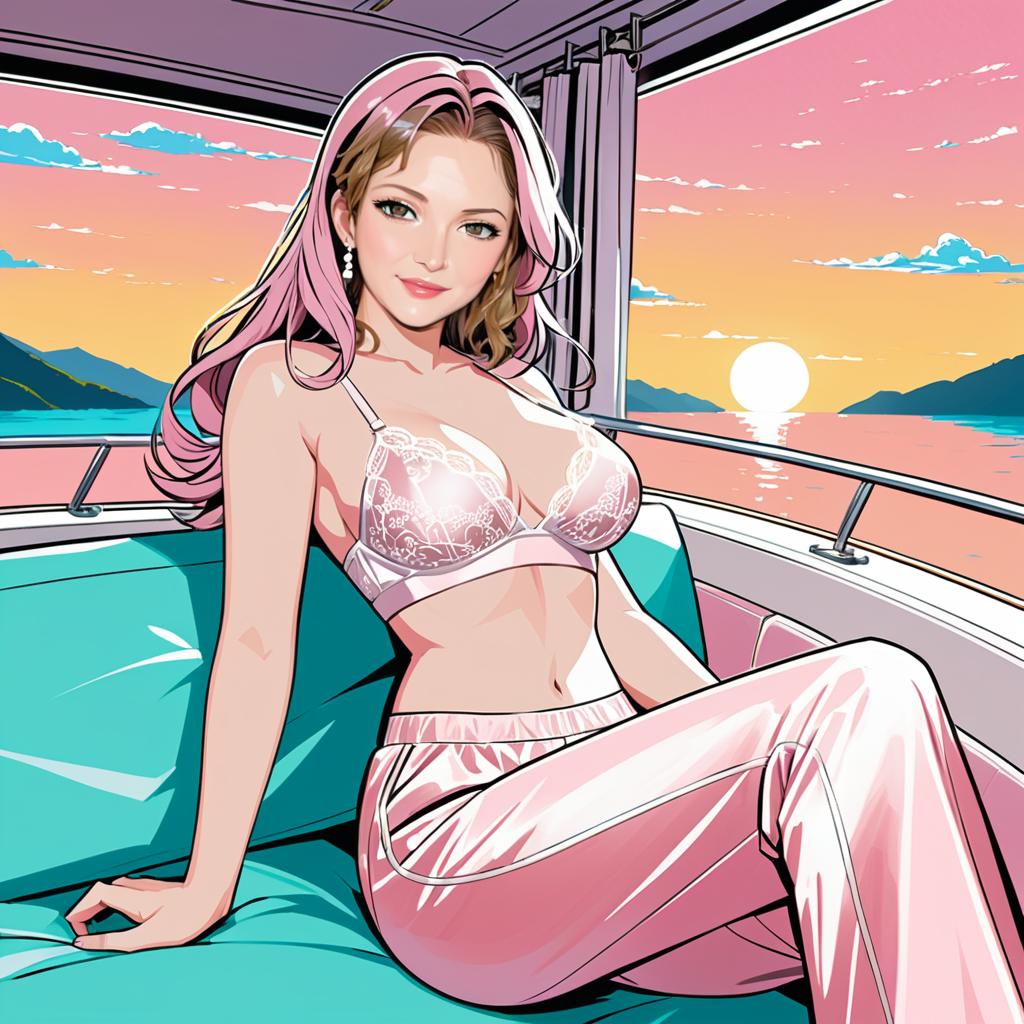 Anime Woman Relaxing on Boat at Sunset