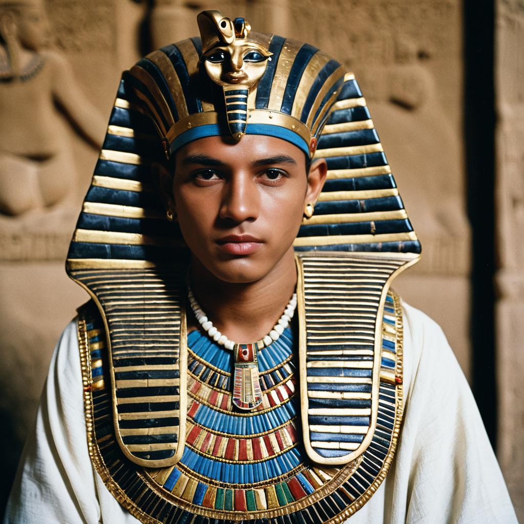 Young Man in Pharaoh Headdress Against Stone Walls