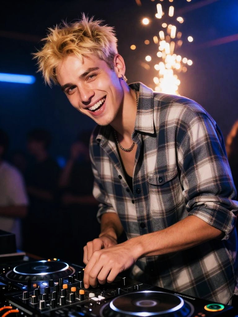 Energetic Blond Gen Z Male DJ Playing Music in Club with Sparklers