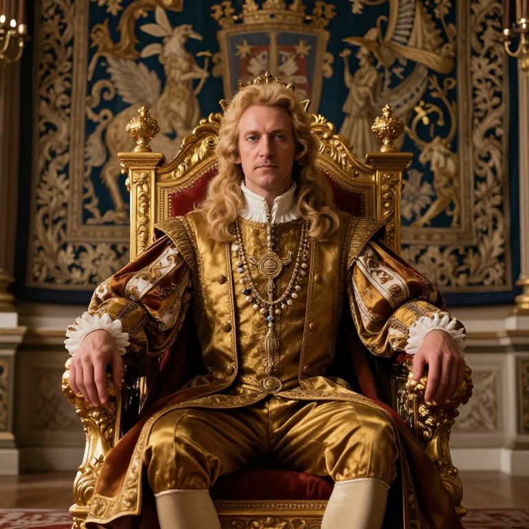 Man in Baroque Royal Costume Sitting on Ornate Throne