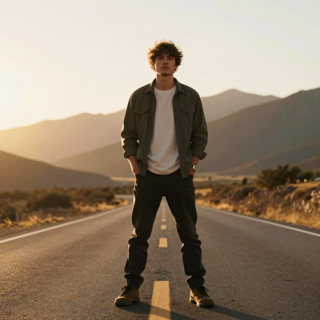 Young Man Standing on Road at Sunset with Mountain Background