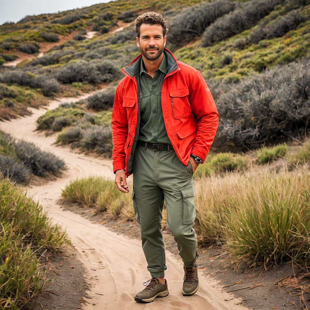 Man Hiking on Scenic Trail in Red Jacket and Outdoor Gear
