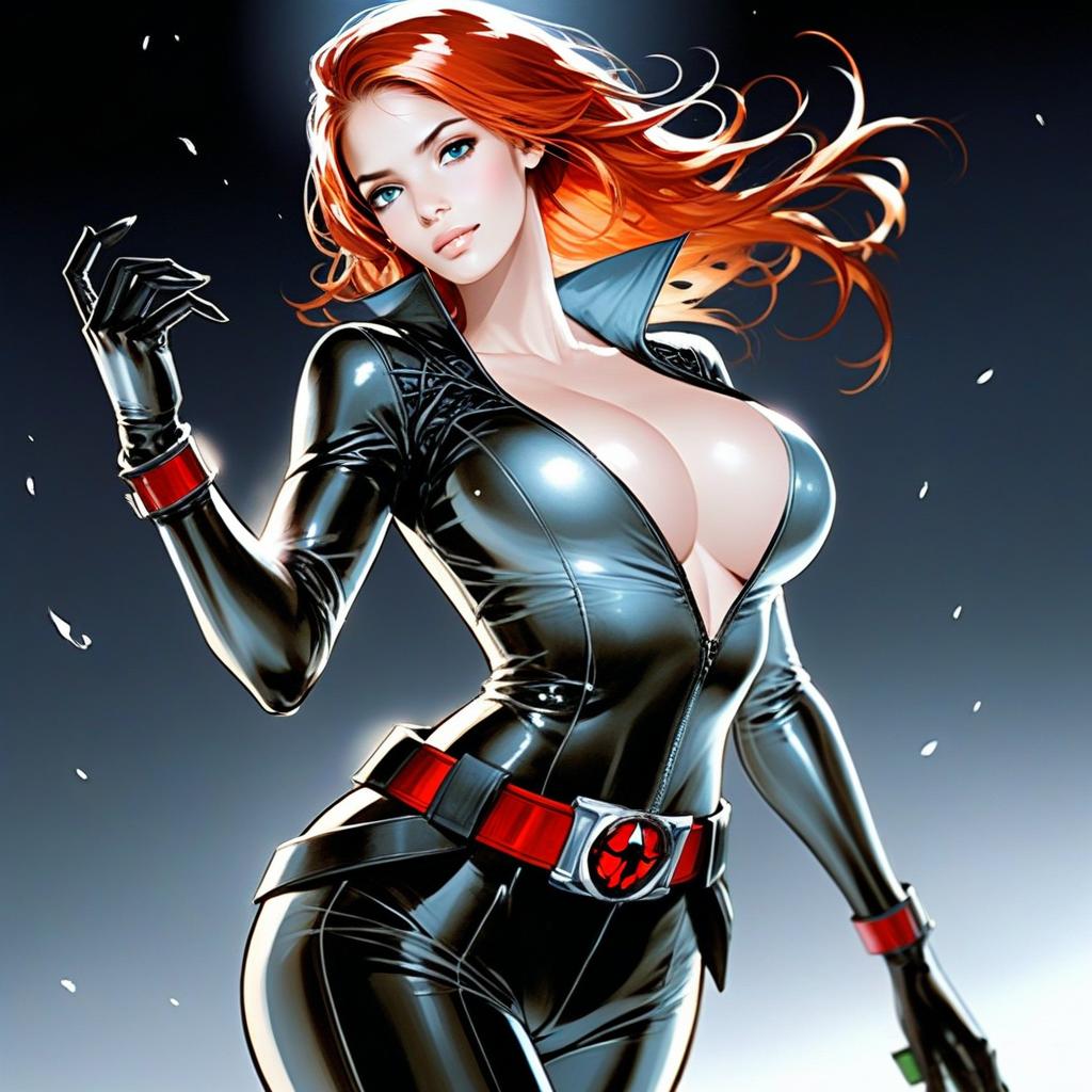 Black Widow Digital Illustration in Sleek Black Leather Suit