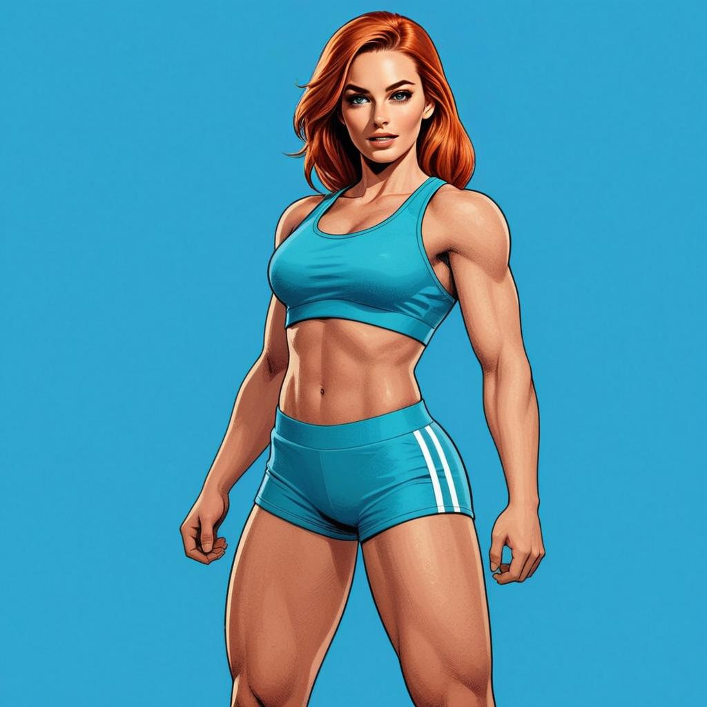 Red-Haired Fit Woman in Blue Sportswear Digital Illustration