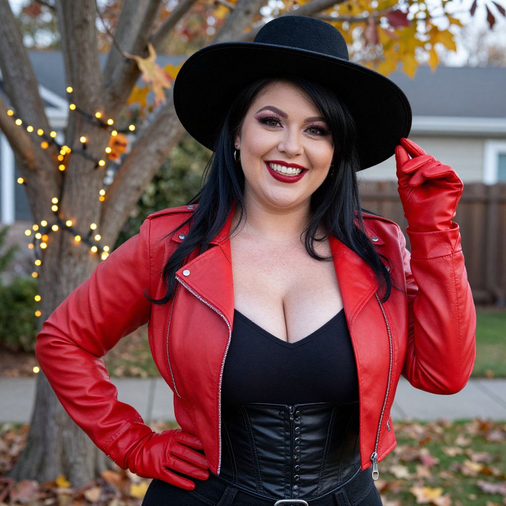 Confident Woman in Red Leather Jacket and Black Corset Posing Outdoors