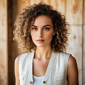 Close-up portrait of a confident woman with curly hair