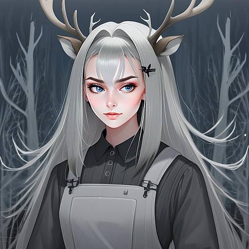 Anime Woman with Silver Hair and Antlers in Forest Illustration