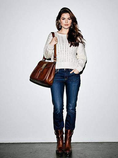 Trendy Casual Outfit Woman with Brown Leather Bag and Denim