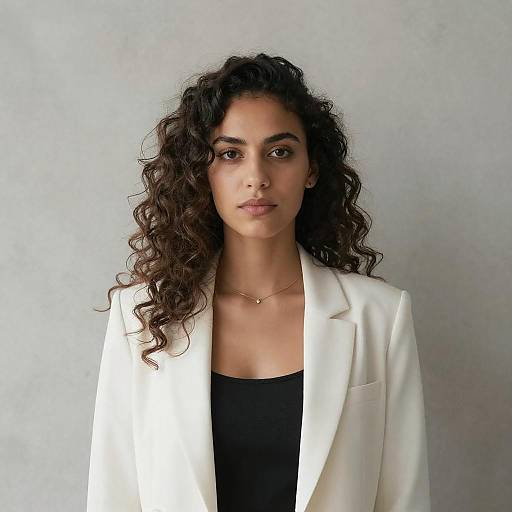Gen Z Woman in White Blazer and Black Top with Curly Hair