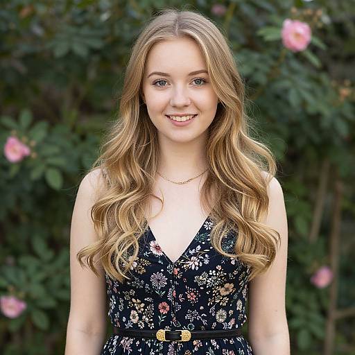 Young Woman in Floral Dress Smiling Outdoors