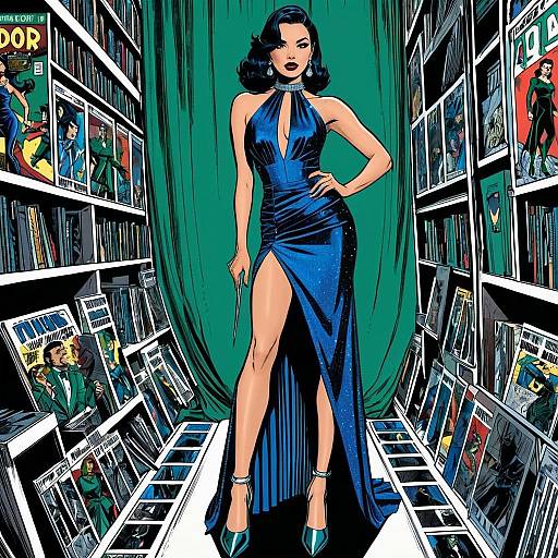 Glamorous Woman in Blue Evening Gown Standing Amid Vintage Comic Books Illustration