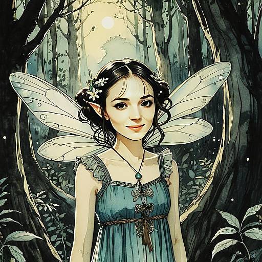 Fantasy Fairy Woman in Enchanted Forest Digital Illustration