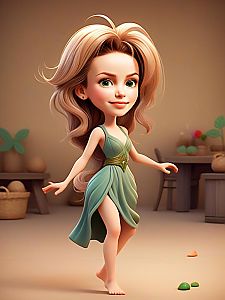 Joyful Girl in Green Dress Illustration