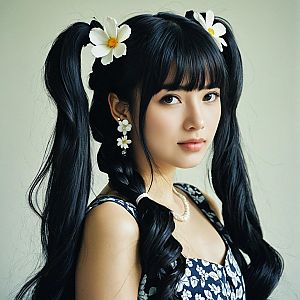 Young Woman in Floral Dress with Pigtails