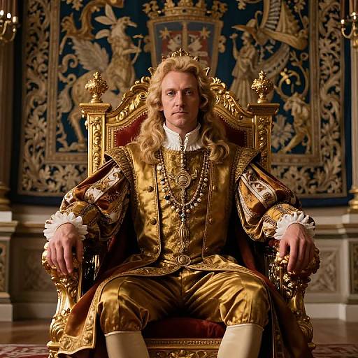Man in Baroque Royal Costume Sitting on Ornate Throne