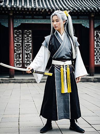 Woman in Traditional Samurai Costume with Katana Sword in Historic Asian Courtyard