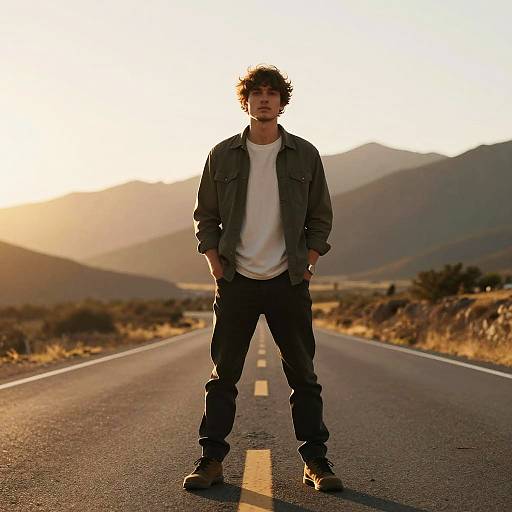 Young Man Standing on Road at Sunset with Mountain Background