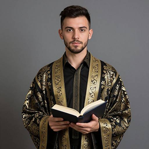 Young Man in Ornate Black and Gold Embroidered Robe Holding Book
