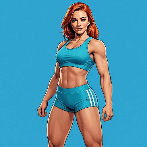Red-Haired Fit Woman in Blue Sportswear Digital Illustration