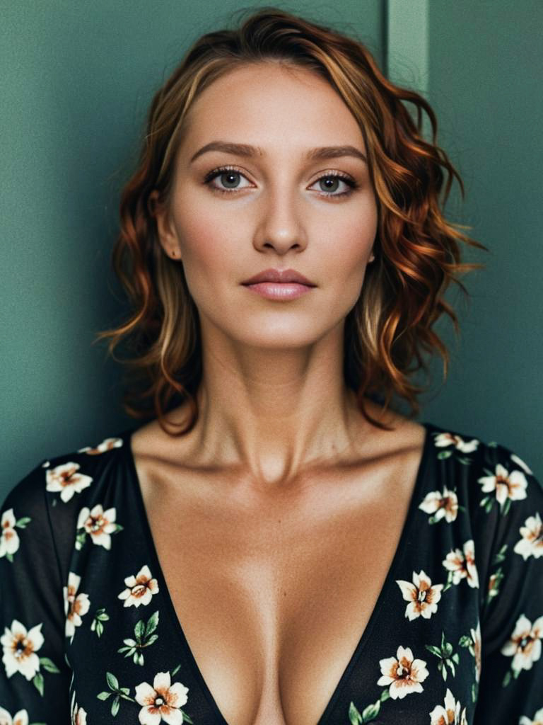 Elegant Woman with Curly Hair in Floral Outfit