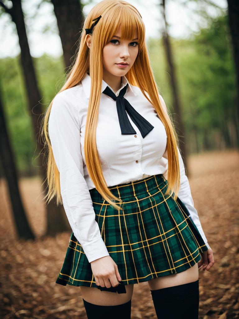 Anime-Inspired Woman in School Uniform Cosplay with Blonde Hair in Forest