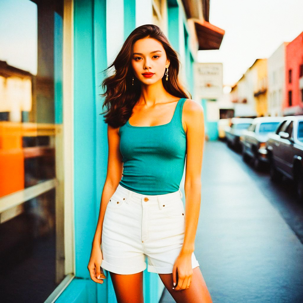 Young Woman by Turquoise Building in Urban Summer Style Young Woman by Turquoise Building in Urban Summer Style
