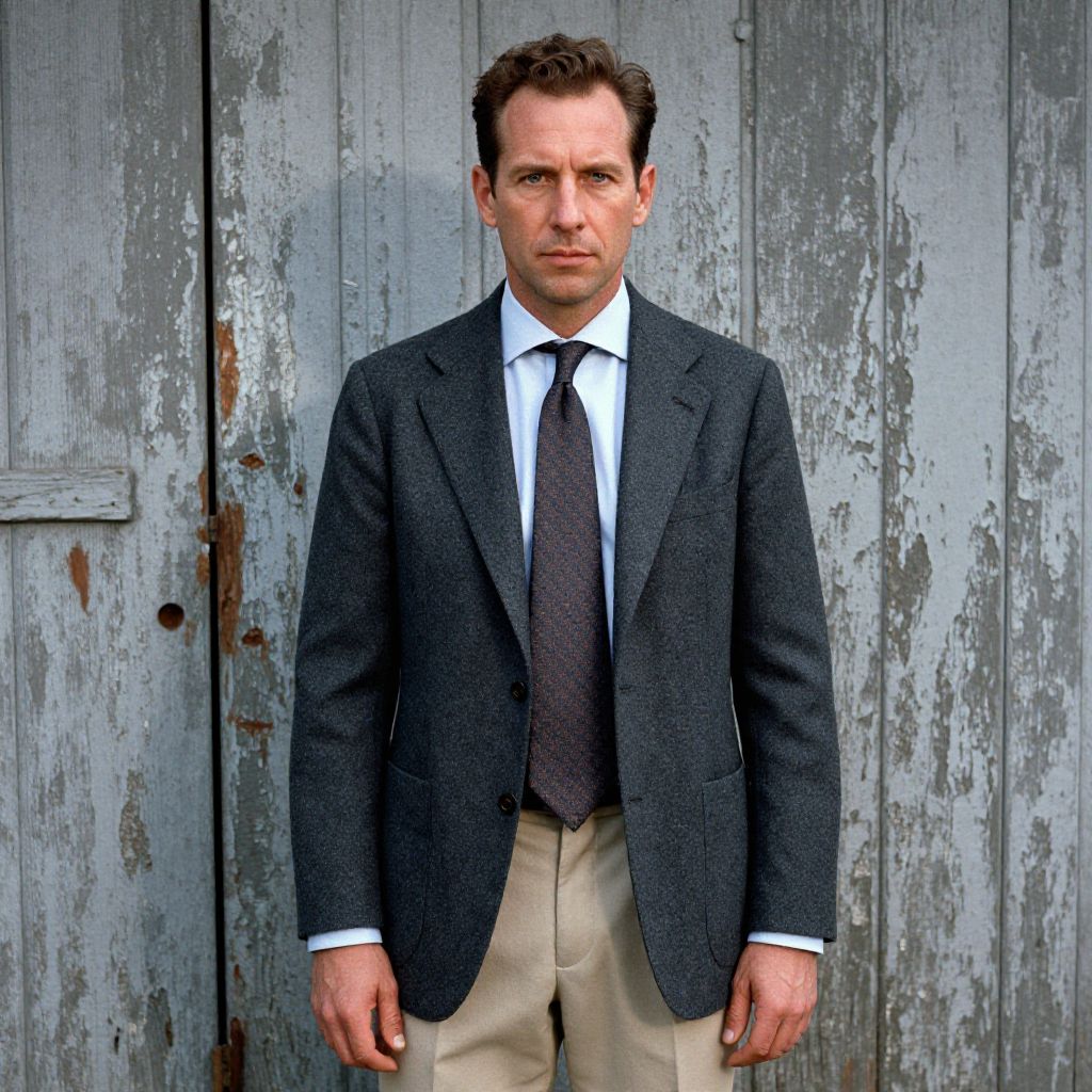 Man in Charcoal Gray Blazer and Beige Trousers Against Rustic Wooden Wall