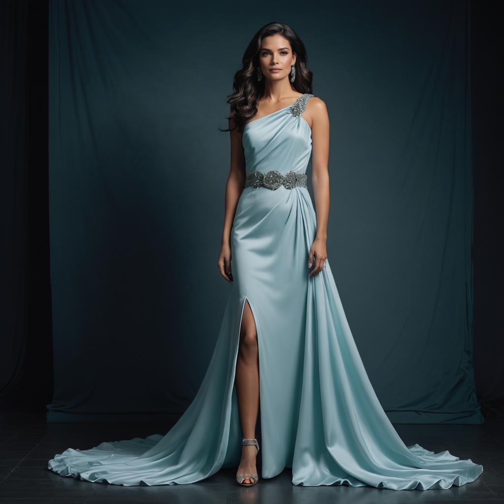 Elegant Woman in Light Blue Satin One-Shoulder Evening Gown with Silver Embellishments