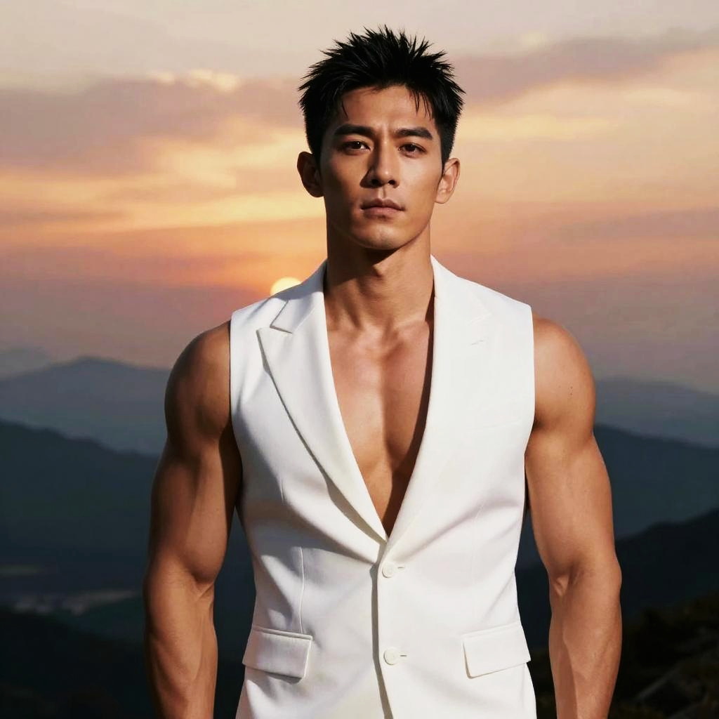 Fit Young Man Wearing White Sleeveless Blazer at Sunset Outdoors