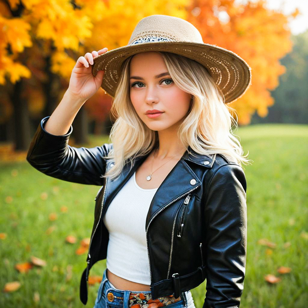 Young Woman in Straw Hat and Leather Jacket in Autumn Park