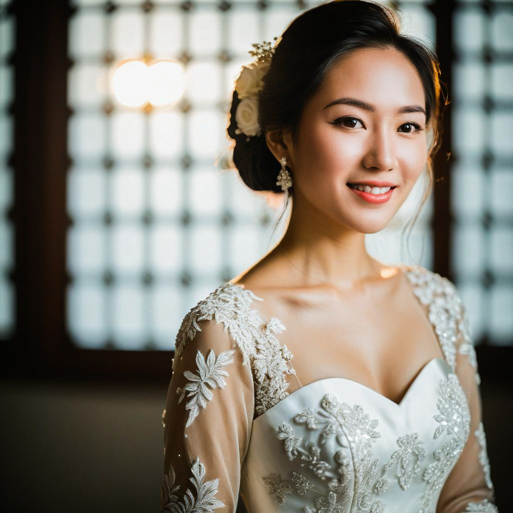 Smiling Bride in Elegant White Wedding Gown