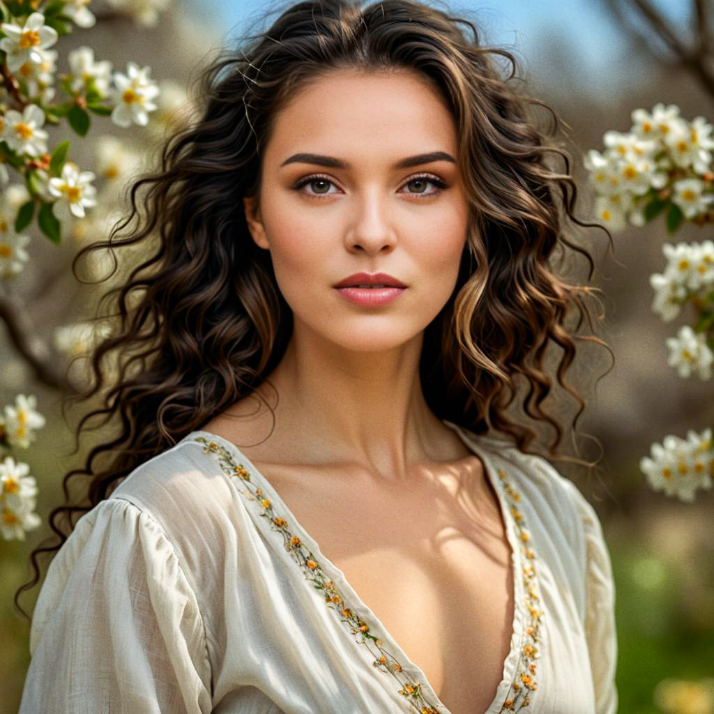 Serene Woman Surrounded by Blooming Flowers in Spring