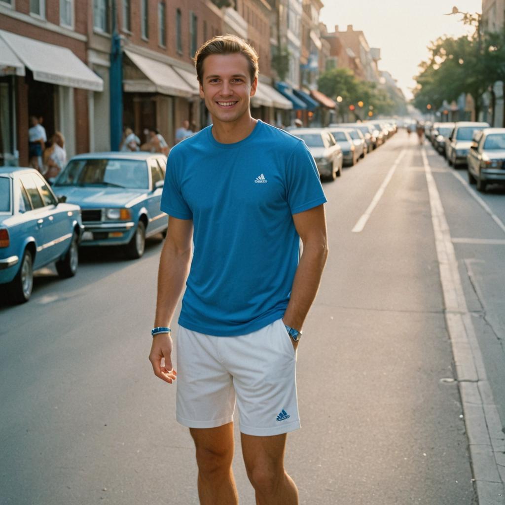 Smiling Man in Adidas Athletic Wear on Sunlit City Street