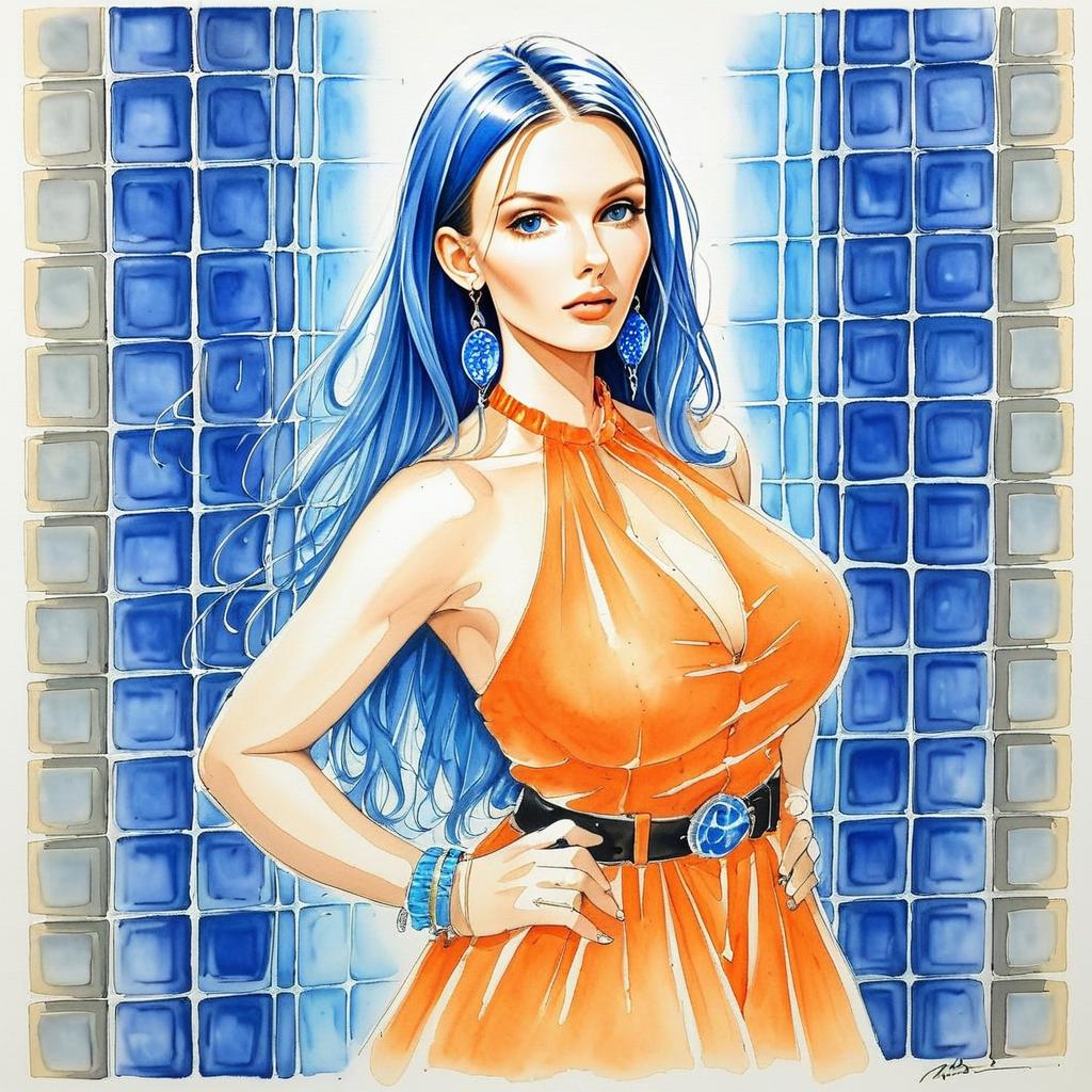 Confident Woman with Blue Hair in Orange Dress