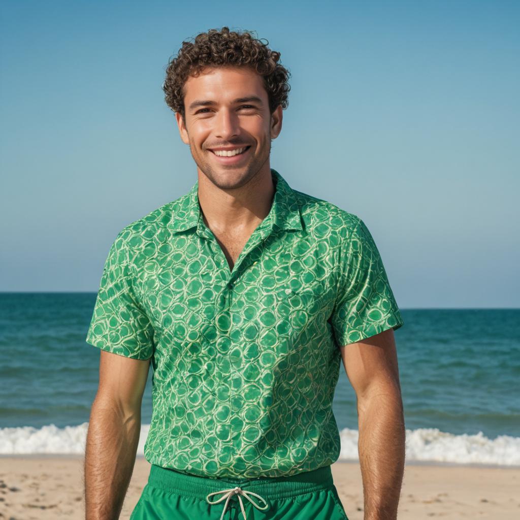 Smiling man on sunny beach in green attire Smiling man on sunny beach in green attire