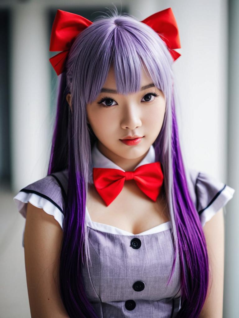 Portrait of Woman in Purple Cosplay Outfit with Red Bow Tie and Hair Bows