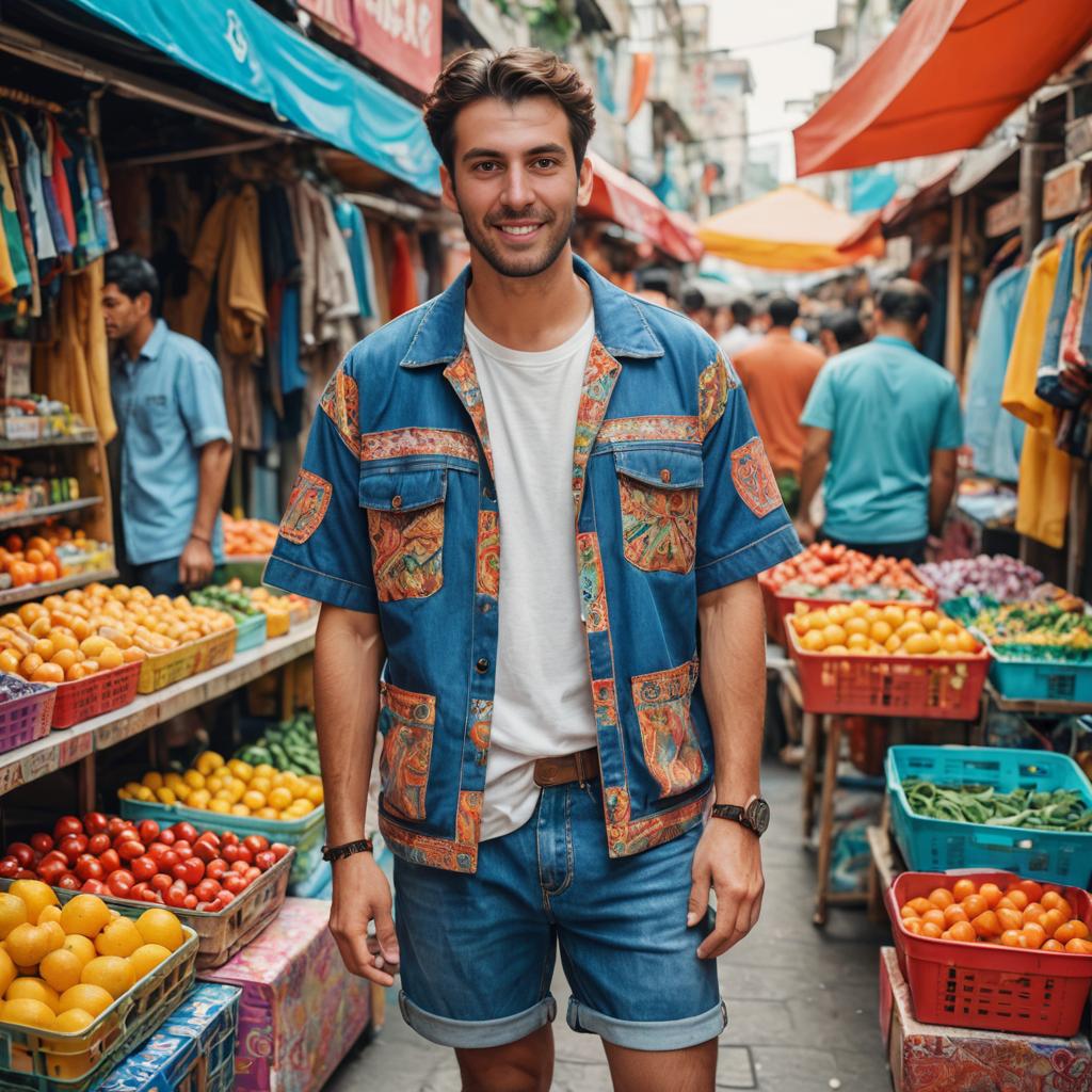 Stylish Man in Denim Jacket at Bustling Street Market