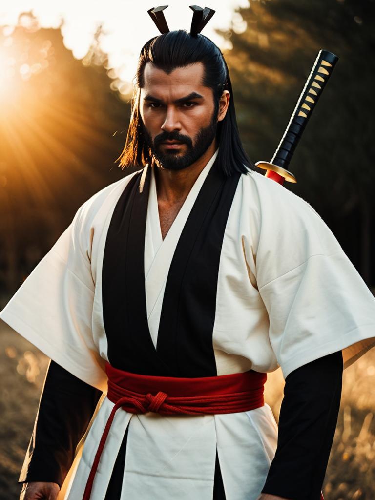Realistic Samurai Jack Cosplay Man Wearing Traditional Samurai Costume with Katana