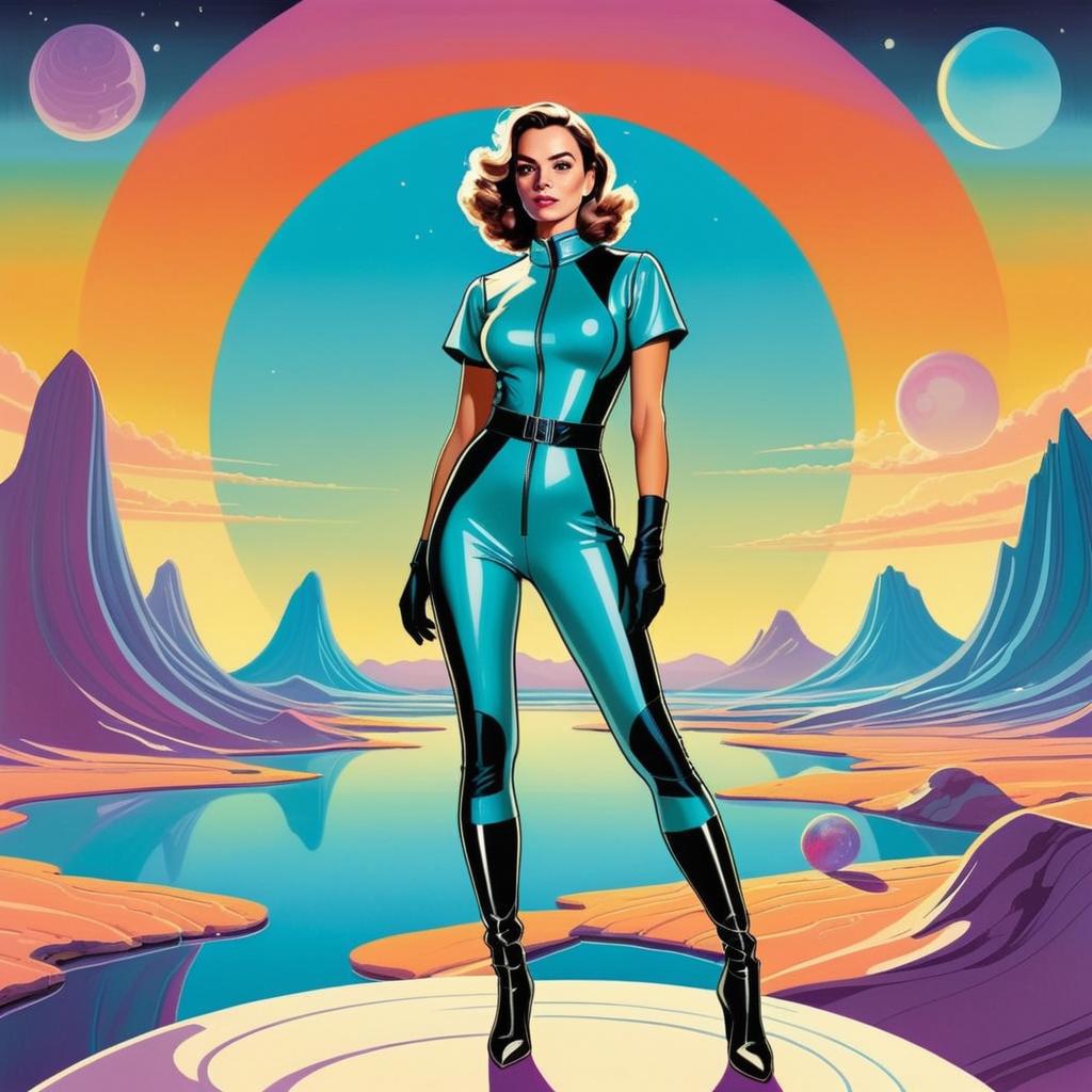 Confident Woman in Futuristic Bodysuit in Surreal Landscape Confident Woman in Futuristic Bodysuit in Surreal Landscape