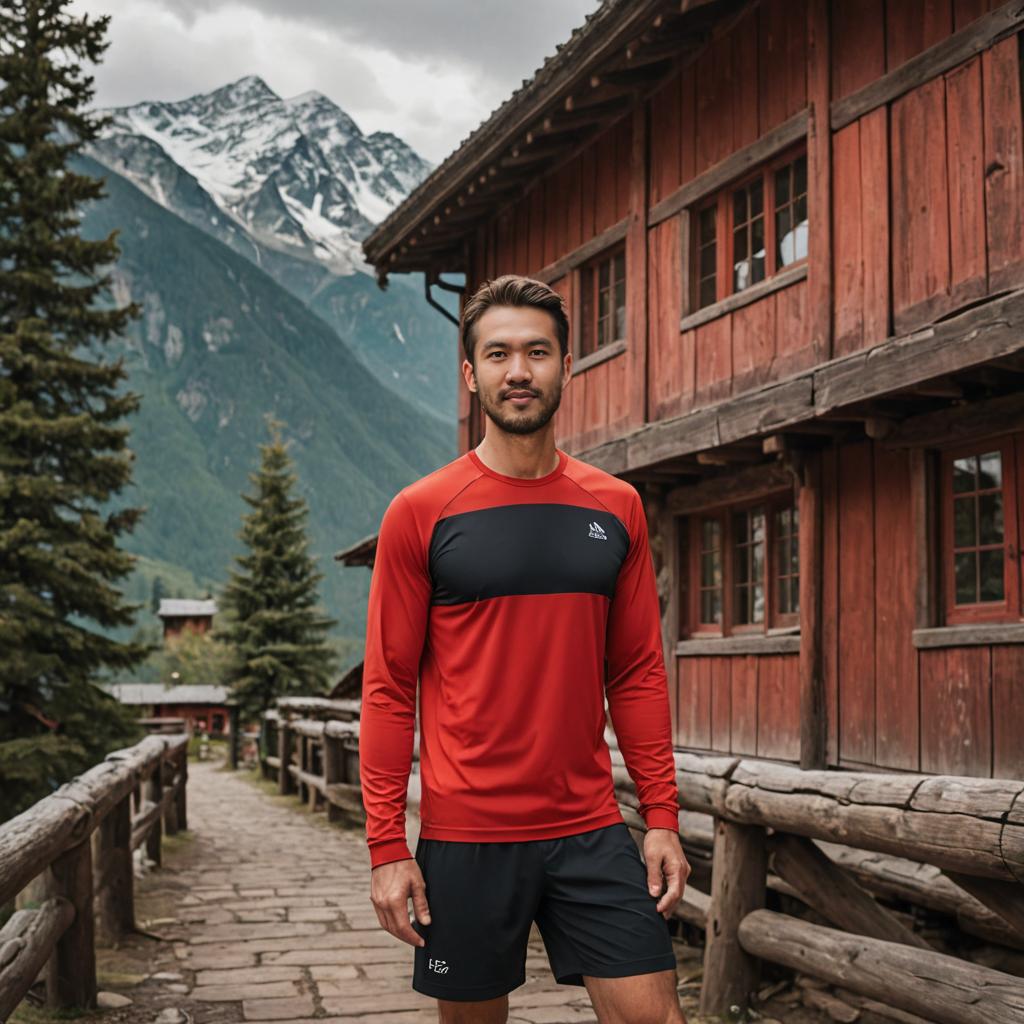 Confident Man in Athletic Wear Against Rustic Mountains