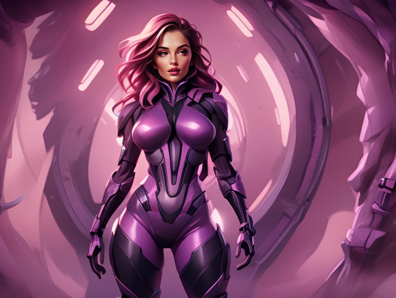 Futuristic Woman in Purple Cyberpunk Armor Standing in High-Tech Chamber
