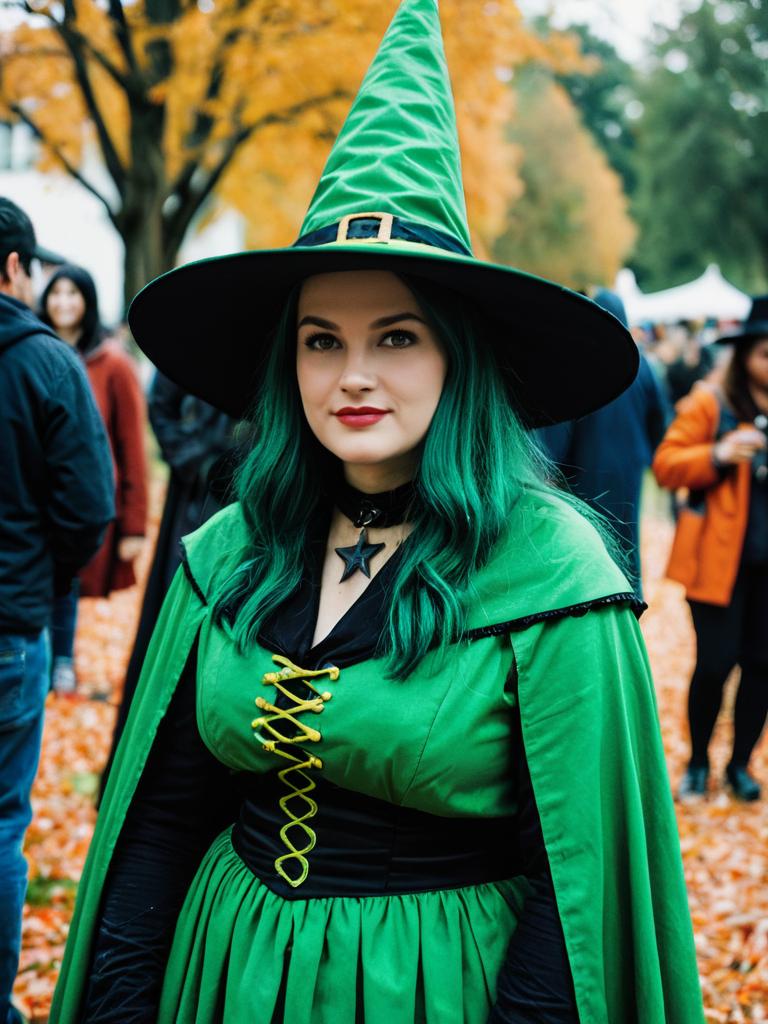 Woman in Green Witch Costume Candid Cosplay Portrait at Halloween Event