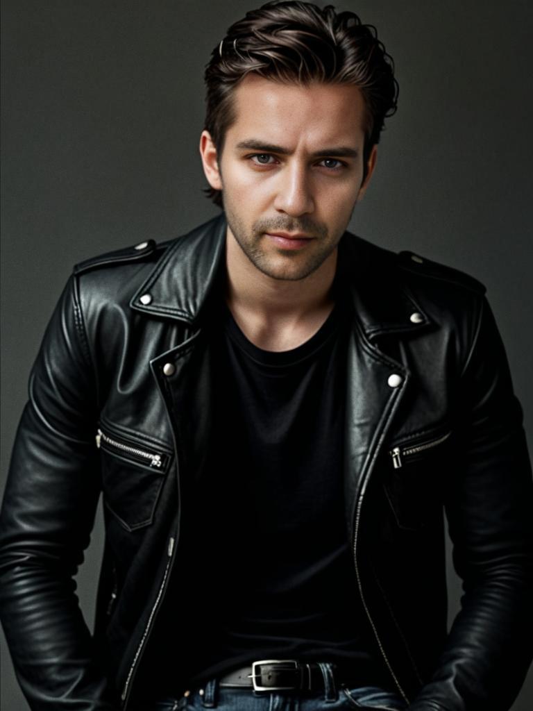 Confident Young Man in Black Leather Jacket