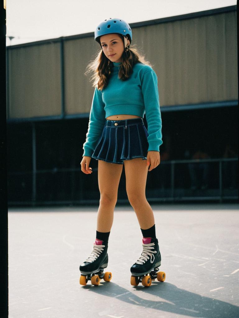 Young Woman in Blue Retro Roller Skating Outfit with Helmet