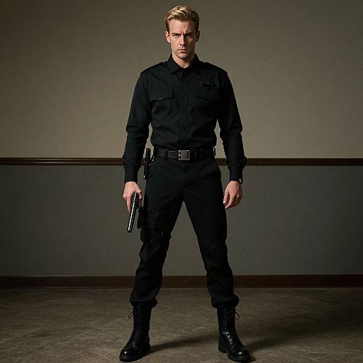 Man in Tactical Black Uniform Holding Handgun Standing Indoors