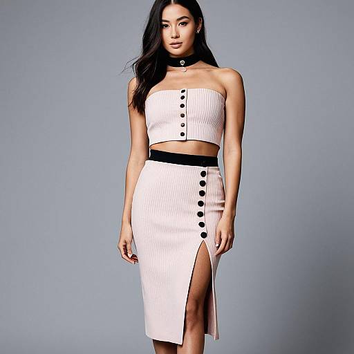 Stylish Woman in Ribbed Two-Piece Outfit with Buttons and Slit