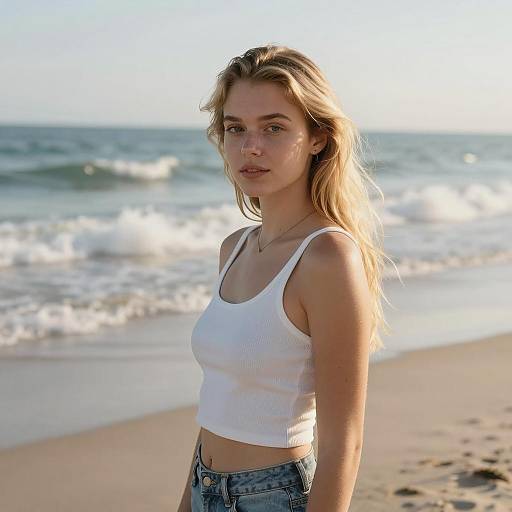 Gen Z Woman Relaxing on Beach in Casual White Crop Top and Denim